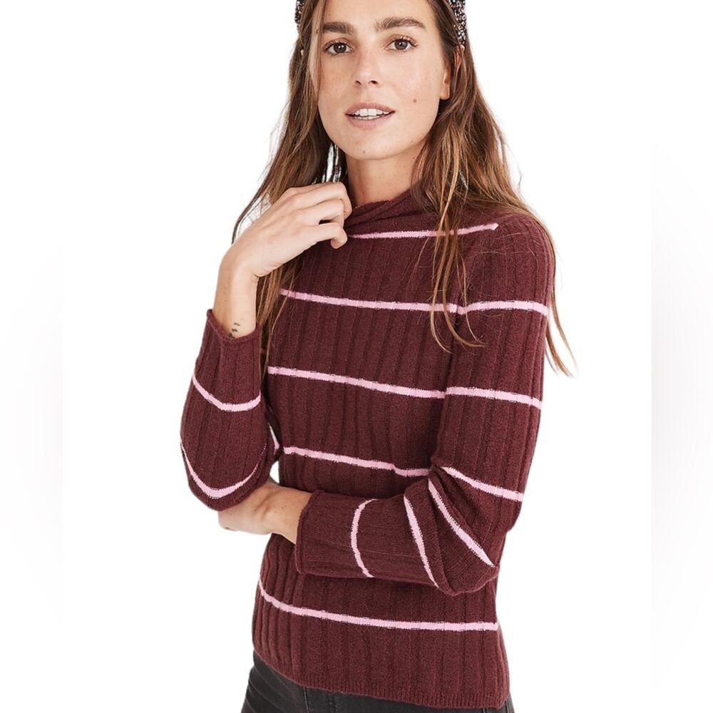 Madewell Ribbed Turtleneck Sweater Burgundy Pink Striped Merino Alpaca MC188 NEW